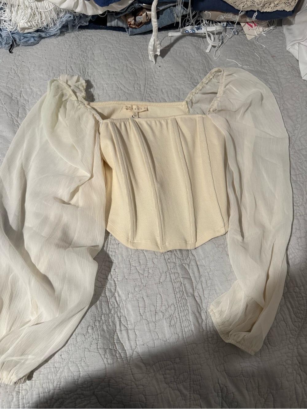 Cream Puff-Sleeve Square-Neck Crop Top